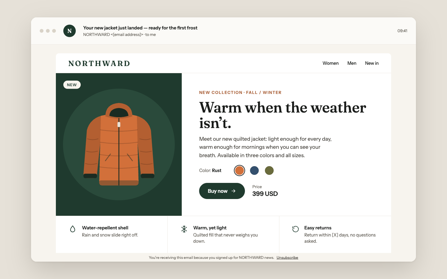 Andem drafting a full on-brand promotional email for a fictional outdoor brand, with pricing, a star rating, a buy CTA, and related products